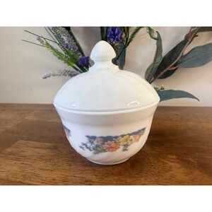 Vintage Arcopal France Milk Glass Floral Covered‎ Sugar Bowl Lidded Candy Dish